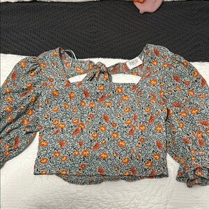 SHEIN Blue and Orange Puff Sleeve Blouse with Crop and Tie Front